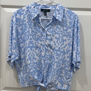 Ellen Tracy Women Blue Damask short sleeve Crop-Top Tie-Front Button Top Small